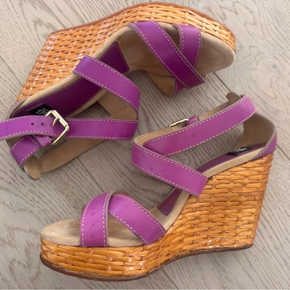 Dolce & Gabbana Purple Leather Ankle Strap Raffia Wedge Sandals Size 37
